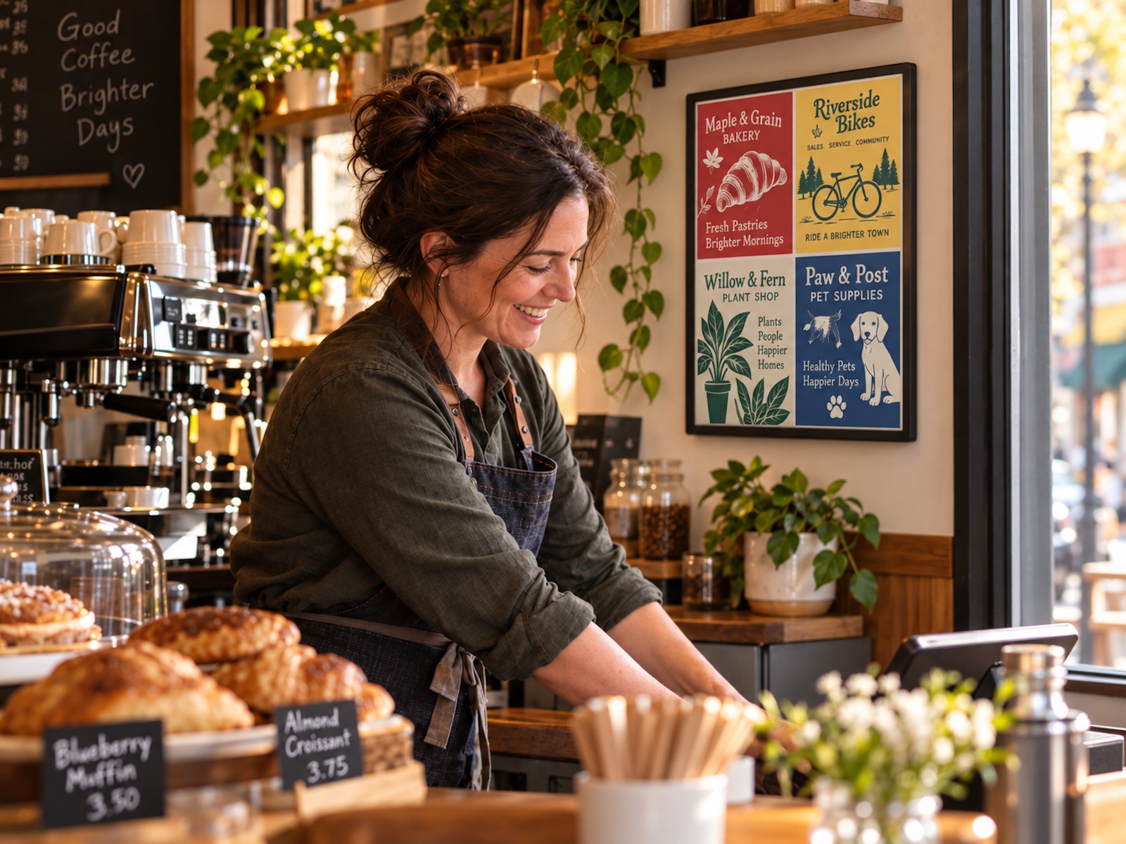 Café owner at the counter with an On Prem Ads board on the wall behind her