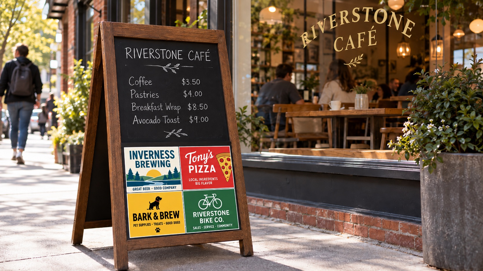 On Prem Ads board built into the Riverstone Café sidewalk easel